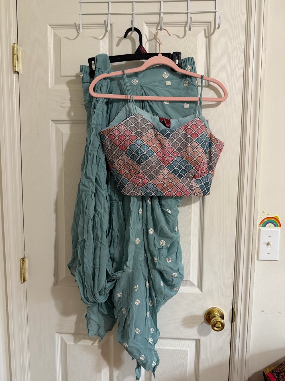 Embroidered Multicolor Crop Top with Teal Draped Skirt Set - Picture 1 of 2